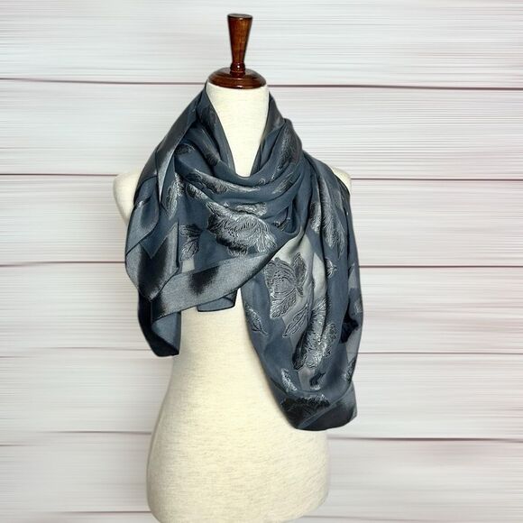 Large Square Gray Sheer Chiffon Shiny Special Cut Flowers Scarf Shawl - Picture 2 of 8